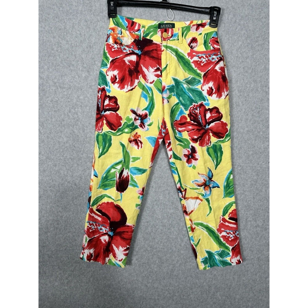 Lauren Ralph Lauren 2Petite 100% Linen Floral Pants Yellow Women's Spring Summer - Picture 1 of 7